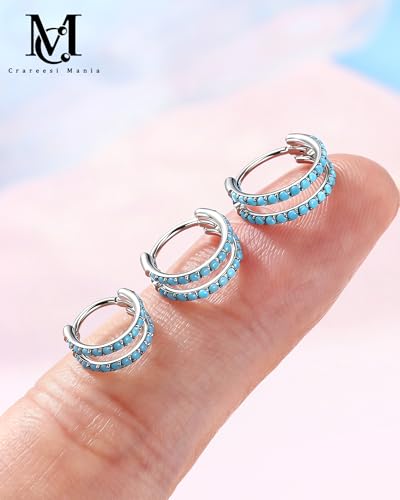Nose Ring Hoop, 316L Stainless Steel Double Nose Rings, 20G Nose Piercing Jewelry for Women, Clear CZ Helix Cartilage Septum Nose Hoops - color: Turquoise-Silver-7mm