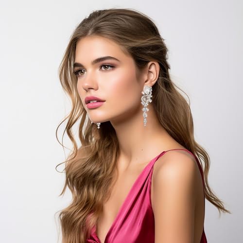 Fashion Rhinestone Statement Drop Dangle Earrings Long Colorful Crystal Bridal Wedding Teardrop Chandelier Earrings for Women Prom Pageant - color: Clear-silver