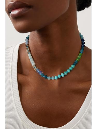 Gemstone Beaded Necklace for Women Colorful Natural Stone Freshwater Pearl Surfer Beach Rainbow Necklace Jewelry Gift - color: Blue