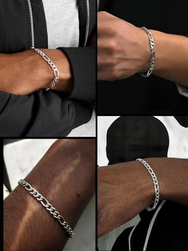 ChainsHouse Figaro Link Chain Bracelet for Men Stainless Steel Jewelry | Black/ Gold Bracelets Men, 6/9/13mm Figaro Cuabn Bracelets 7.5"/8.3", Chunky Hip Hop Wrist Hand Chain Bracelet for Gift - color: e: 6mm-stainless