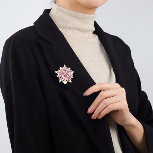 Rose Flower Brooch Pin for Women Fashion Dainty Gold Plated 3D Red Roses Floral Crystal Brooch Pin Birthday Dress Suit Accessories Jewelry - style: Pink Rose Pearl