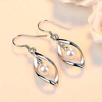 Linear Swirl Wire Earrings For Women dangling Boho Dangle Drop - color: Silver-pearl