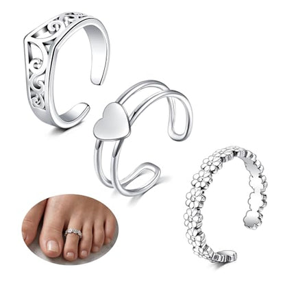 JFORYOU Toe Rings for Women Adjustable Open Toe Rings with Anklet Set CZ Flower Toes Ring for Summer Beach Foot Jewelry - color: 3pcs-silver toe rings Style A
