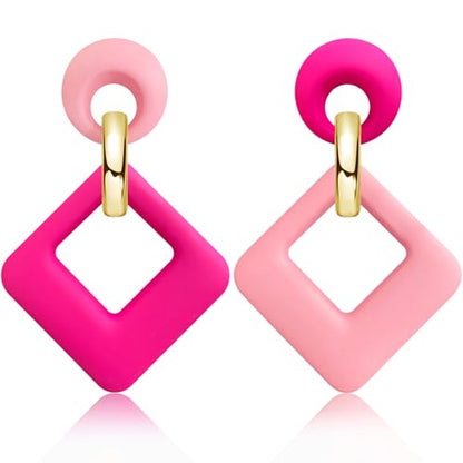 70s 80s Vintage Resin Neon Square Dangle Drop Earrings Simplicity Acrylic Hollow Round Circle Geometry Stud Earrings for Women - style: Pink Rose Red