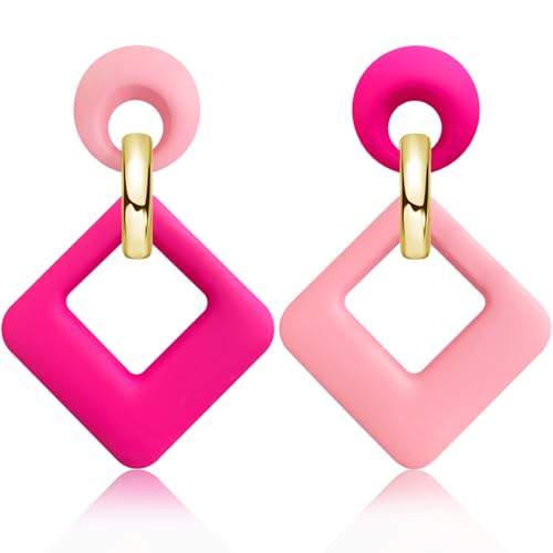 70s 80s Vintage Resin Neon Square Dangle Drop Earrings Simplicity Acrylic Hollow Round Circle Geometry Stud Earrings for Women - style: Pink Rose Red