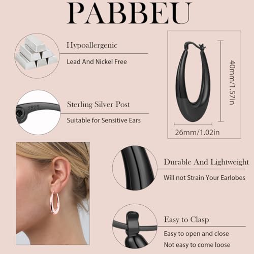 PABBEU Chunky Silver Hoops Earrings for Women Hypoallergenic | Lightweight 925 Sterling Silver Oval Hoop Earring, Sterling Silver Thick Hoop Earrings for Women Gift 25/28/30/38/40mm - color: black 40mm/ 1.57in