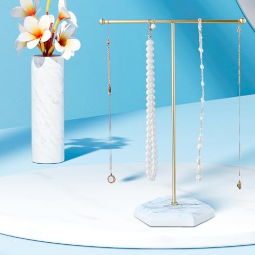 QWORK Jewelry Stand Display Necklace Holder with Electroplated Metal & White Marble Plywood Base - 2 Pack Durable & Stylish Organizer for Stores and Home Use