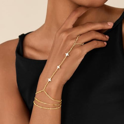 Cicy Bell Hand Chain Bracelets for Women 18K Gold Plated | Layered Stackable Dainty Ring Bracelets, Adjustable Satellite Bead Dot Link Finger Bracelets - color: Style K-Gold