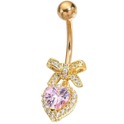 B BodyPJ Sparkles Peach Heart Bow Stainless Steel CZ Dangle Navel Piercing Barbell Belly Button Rings For Women - color: Gold+Pink CZ