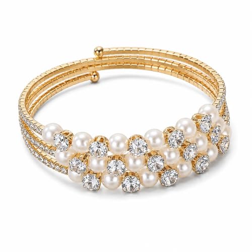 Gold Crystal Faux Pearl Beaded Bracelet for Women,Sparkling Rhinestone Layered Statement Cuff Bracelet Wedding Bridal Jewelry Accessories - color: Golden