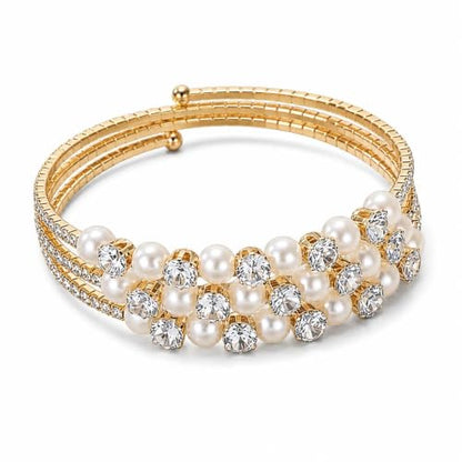 Gold Crystal Faux Pearl Beaded Bracelet for Women,Sparkling Rhinestone Layered Statement Cuff Bracelet Wedding Bridal Jewelry Accessories - color: Golden