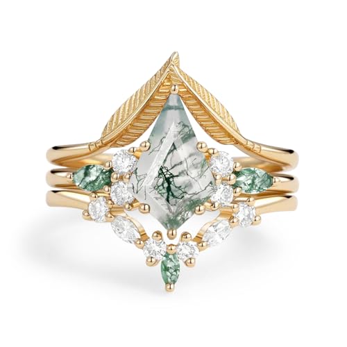 Natural Moss Agate Leafy Vintage Bridal Sets Wedding Rings for Women, 10K 14K 18K Solid Gold Kite-Cut Green Moss Agate and Moissanite Engagement Ring for Women Mother Her Jewelry Gift - color: 05-style5