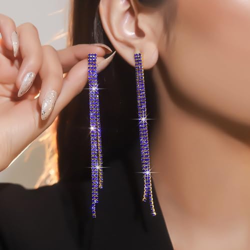 Sparkly Rhinestone Long Tassel Dangle Earrings Crystal Chandelier Dangle Drop Earrings Wedding Party Prom Earrings Jewelry for Women Gifts - color: Gold Blue