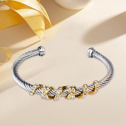 Twisted Cable Cuff Bracelets for Women 5mm Stainless Steel Cuff Bangle Bracelet Designer Inspired Jewelry Valentine Day Gift - color: D Silver & Gold