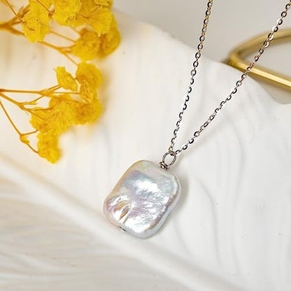 925 Sterling Silver Dainty Freshwater Cultured Pearl Choker Necklace White Genuine Real Pearl Charm Necklaces Jewelry Gifts for Her - color: Baroque-Square-Silver