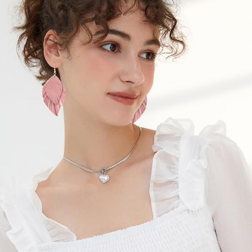 Handmade Bohemian Large Soft Genuine Leather Fringe Double Feather Dangle Drop Earrings Lightweight Simple Color PU Leaf Hook Earrings for Women - color: Pink