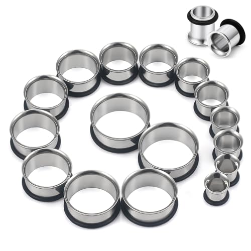 12G-25mm Single Flared Gauges Tunnels Stretching Kit 316L Surgical Steel O-ring Ear Gauges Plugs Earring Lobe flesh Tunnel Gauge Stretcher Silver Black Gold Color Tone - color: Silver, size: 0g/00g/12mm14mm/16mm/18mm/20mm/22mm