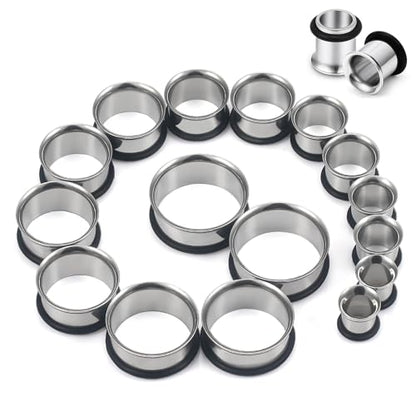 12G-25mm Single Flared Gauges Tunnels Stretching Kit 316L Surgical Steel O-ring Ear Gauges Plugs Earring Lobe flesh Tunnel Gauge Stretcher Silver Black Gold Color Tone - color: Silver, size: 00g/12mm14mm/16mm/18mm/20mm/22mm/25mm
