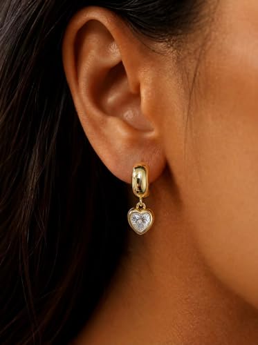 NIXMAX Trendy Gold Dangle Earrings for Women, Chunky Statement CZ Hoops | Bezel-Set Cubic Zirconia Charm, 14K Gold Plated, Lightweight Hypoallergenic Jewelry, Fashion Accessories, Gifts for Women - color: Gold-Chunky heart hoops