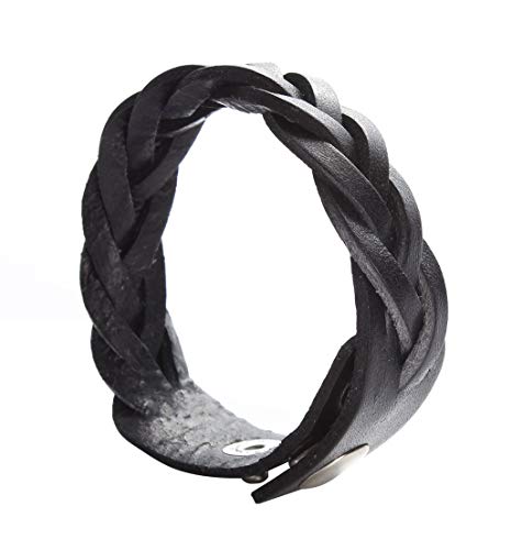CCBFY Genuine Leather Bracelet Braided Sporty Wide Wristband Punk Jewelry for Men Women - color: Set of 2 - Black