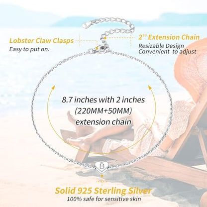 ChicSilver 925 Sterling Silver Initial Anklets for Women Dainty Beach Heart Ankle Bracelet Foot Jewelry-Adjustable Size(with Gift Box) - style: Letter-B