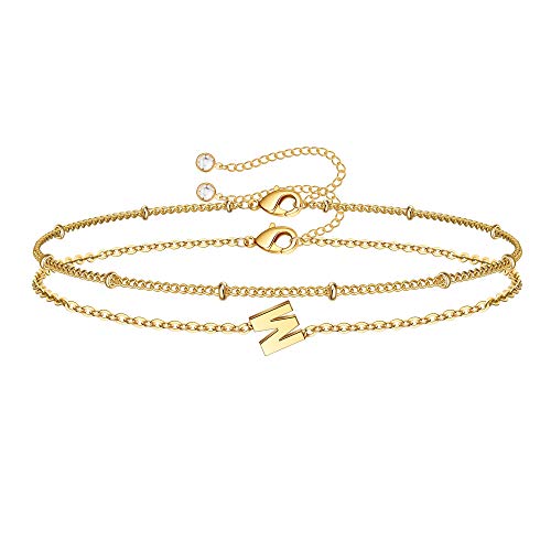 M MOOHAM Valentines Day Gifts for Her Women - Layered Initial Bracelets Gift Letter A-Z Charm, Dainty 14K Gold Plated Initial Bracelets for Women Teen Girls Birthday Jewelry Gifts - color: M