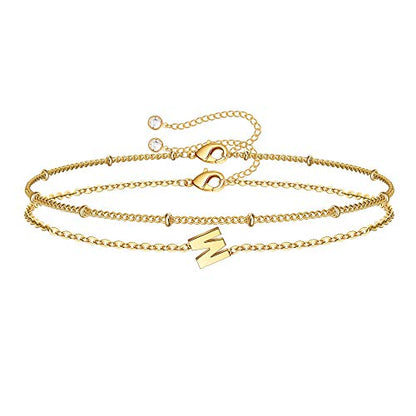 M MOOHAM Valentines Day Gifts for Her Women - Layered Initial Bracelets Gift Letter A-Z Charm, Dainty 14K Gold Plated Initial Bracelets for Women Teen Girls Birthday Jewelry Gifts - color: M