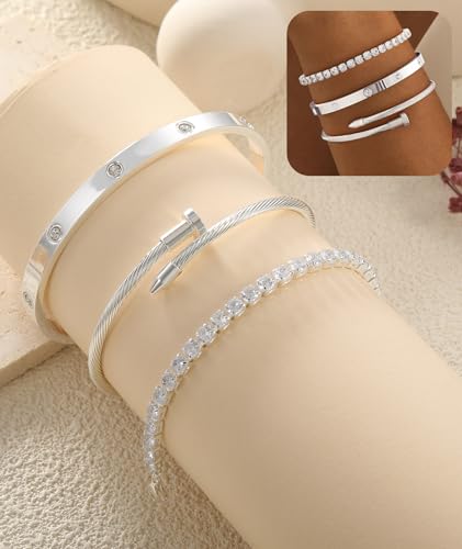 ZOERAY Silver Gold Bangle Bracelets for Women Non Tarnish 14k Gold Plated Stackable Cuff Bracelets for Women Trendy Cubic Zirconia Stainless Steel Chunky Bracelet Stack Set Waterproof Jewelry Gifts - color: B.Tennis-Silver