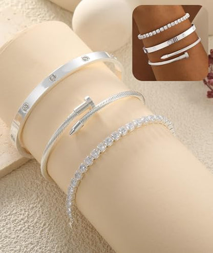 ZOERAY Silver Gold Bangle Bracelets for Women Non Tarnish 14k Gold Plated Stackable Cuff Bracelets for Women Trendy Cubic Zirconia Stainless Steel Chunky Bracelet Stack Set Waterproof Jewelry Gifts - color: B.Tennis-Silver