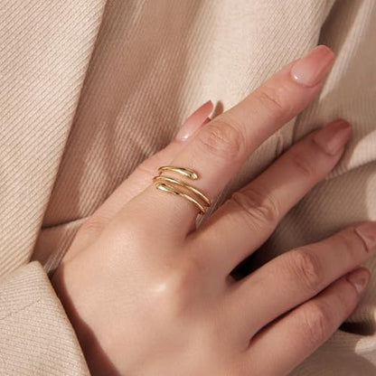 MUNDELL 925 Sterling Silver Simple Multi-layer Leaf Adjustable Ring Green Lucky Leaves Statement Ring for Women Promise Ring Fine Jewelry - color: 14K Gold