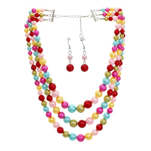 Chunky Layered Imitation Pearl Necklace for Women 3 strand Pearl Necklaces Faux Pearl Necklace Earrings Set 1920s Flapper Gatsby Costume Accessories - color: Colorful Delight