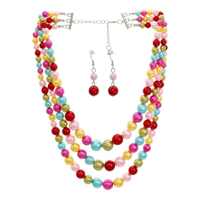 Chunky Layered Imitation Pearl Necklace for Women 3 strand Pearl Necklaces Faux Pearl Necklace Earrings Set 1920s Flapper Gatsby Costume Accessories - color: Colorful Delight