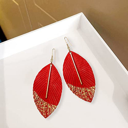 Bohemian Handmade Lightweight Color Large Genuine Soft Leather Fringe Feather Leaf Tear Dangle Drop Earrings for Women Statement - color: 2-Light red