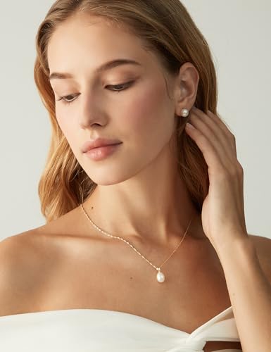 EAMTI Pearl Necklaces for Women Trendy 925 Sterling Silver Freshwater Cultured Single Pearl Necklace Dainty Pendant Necklace - color: 14K Gold Plated