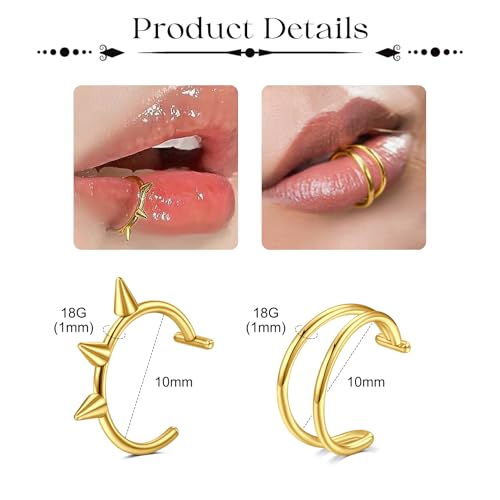 Fake Eyebrow Ring Fake Lip Labret Studs Replacement Balls Spike with 100pcs Sticker Non-Piercing Body Jewelry Fake Skin Piercing - color: C1 -Gold