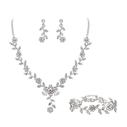 Women's Wedding Jewelry Set for Bride,Prom Bridal Accessories | Bling Crystal,Flower Leaf Cluster,Dangle Earrings Pendant Necklace Set,for Bridesmaid,Party Jewellery - color: 3Pcs-Clear Silver-Tone