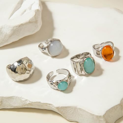 Chunky Gemstone Rings for Women Gold Silver Chunky Rings Set Adjustable Thick Statement Ring Trendy Fashion Silver Jewelry - style: ASilver