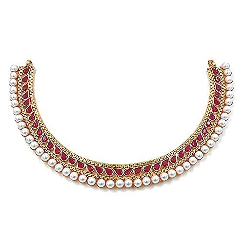 Aheli Ethnic Faux Kundan Pearl Fancy Bridal Choker Necklace Indian Traditional Bollywood Jewelry Set with Earrings Gift for Women - color: Red & White