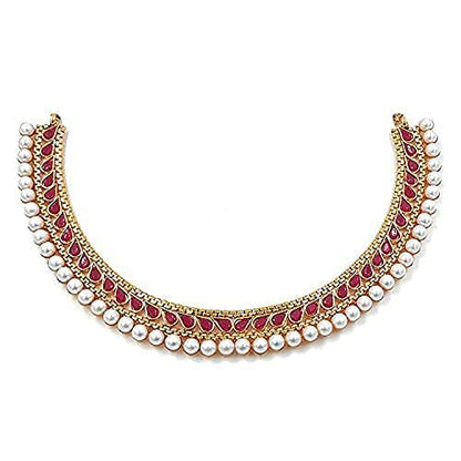 Aheli Ethnic Faux Kundan Pearl Fancy Bridal Choker Necklace Indian Traditional Bollywood Jewelry Set with Earrings Gift for Women - color: Red & White