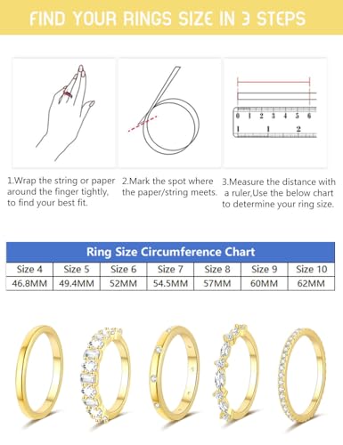 RLMOON Stackable Silver Gold Rings for Women Non Tarnish Stacking Ring | Dainty 14K Gold/Silver Plated CZ Eternity Wedding Band Thumb Rings Gold Jewelry Size 6-10