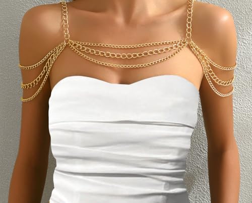Gold Body Chain Shoulder Necklace Body Chain Layered Tassel Shoulder Chain for Festival Party Bridal Wedding Body Jewelry