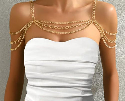 Gold Body Chain Shoulder Necklace Body Chain Layered Tassel Shoulder Chain for Festival Party Bridal Wedding Body Jewelry