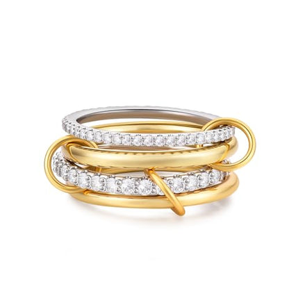 14K Gold Plated Interlocked Stackable Rings for Women Non Tarnish,Gold and Silver Cubic Zirconia Statement Rings Set,Mixed Metals Ring Two-Toned Connected Bands Stacking Jewelry - color: 2*silver rings & 2*gold rings
