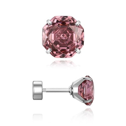 Zircon Flat Back Screw Hypoallergenic Surgical Steel Stud Earrings - color: Rosy Pink, size: 1ct - 0.24 Inch (6mm), None Gift Box