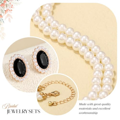 Brishow Pearl Necklace Jewelry Set Wedding Pearls Earrings Necklaces Set Bridal Crystal Bracelet Jewelry for Women (Pack of 3) - color: Black, size: 2 Layered