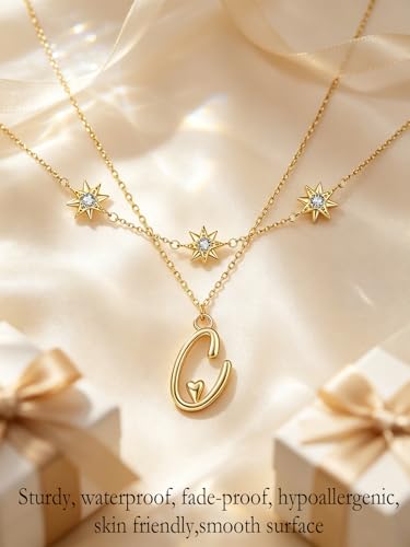 14K Gold A-Z Initial Lette Necklace Star Choker Women Necklace | Personalized Initial Jewelry, Meaningful Name Letter Gift for Women Wife Mom Friend, Perfect Present For Birthday/Anniversary - style: 14K Gold-C