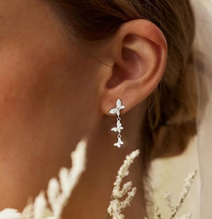 Lunvky 14K Gold Plated Dangle Earrings for Women Dainty Silver Drop Earring Trendy Long Dangling Wedding Bridesmaid Hoop Diamond Crystal Cute Earring Prom Jewelry Birthday Gifts - color: D-1 pair butterfly silver