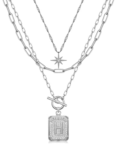MJartoria Layered Initial Necklaces for Women | 14K Gold Plated Brass, Star Choker, Square Letter Pendant, Paperclip Chain - color: Silver, style: H