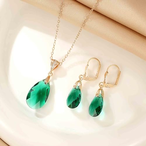 Austrian Crystals Teardrop Pendant Necklace Earrings for Women 14K Gold Plated Hypoallergenic Leverback Drop Dangle Earrings Jewelry Set - color: Emerald
