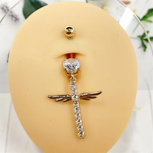 14G Crystal Wing Dangle Belly Button Ring for Women Cubic Zirconia Belly Curved Navel Barbell Dangle Piercing Sparkling Body Piercing Jewelry - color: Gold